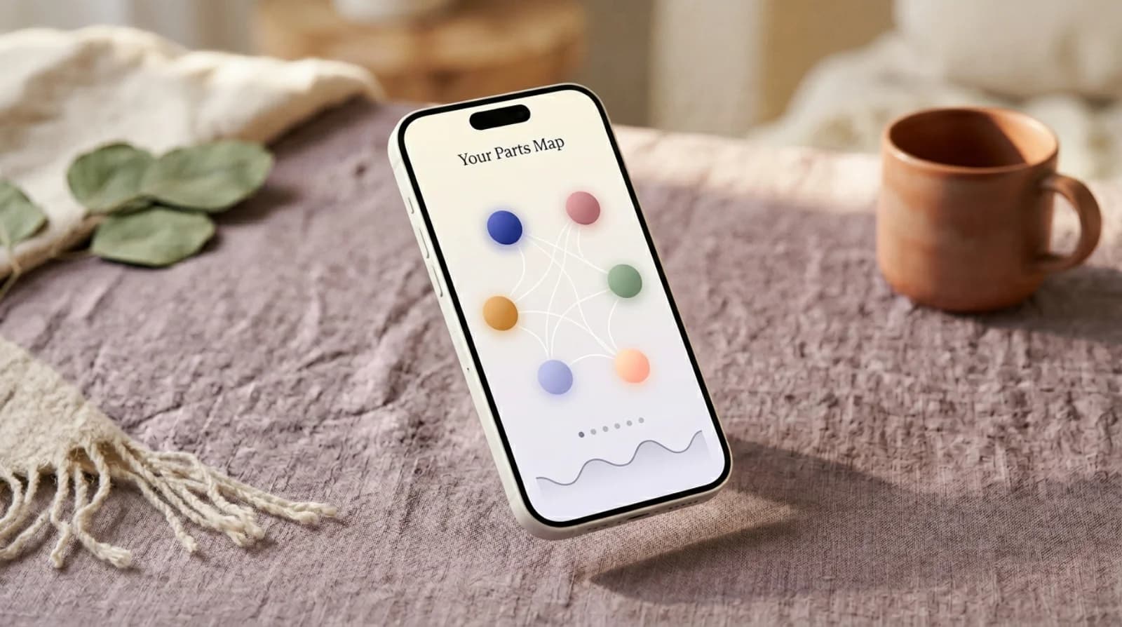 Unblend IFS mental wellness app showing a personal Parts Map on an iPhone, resting on calm linen beside a cup of tea