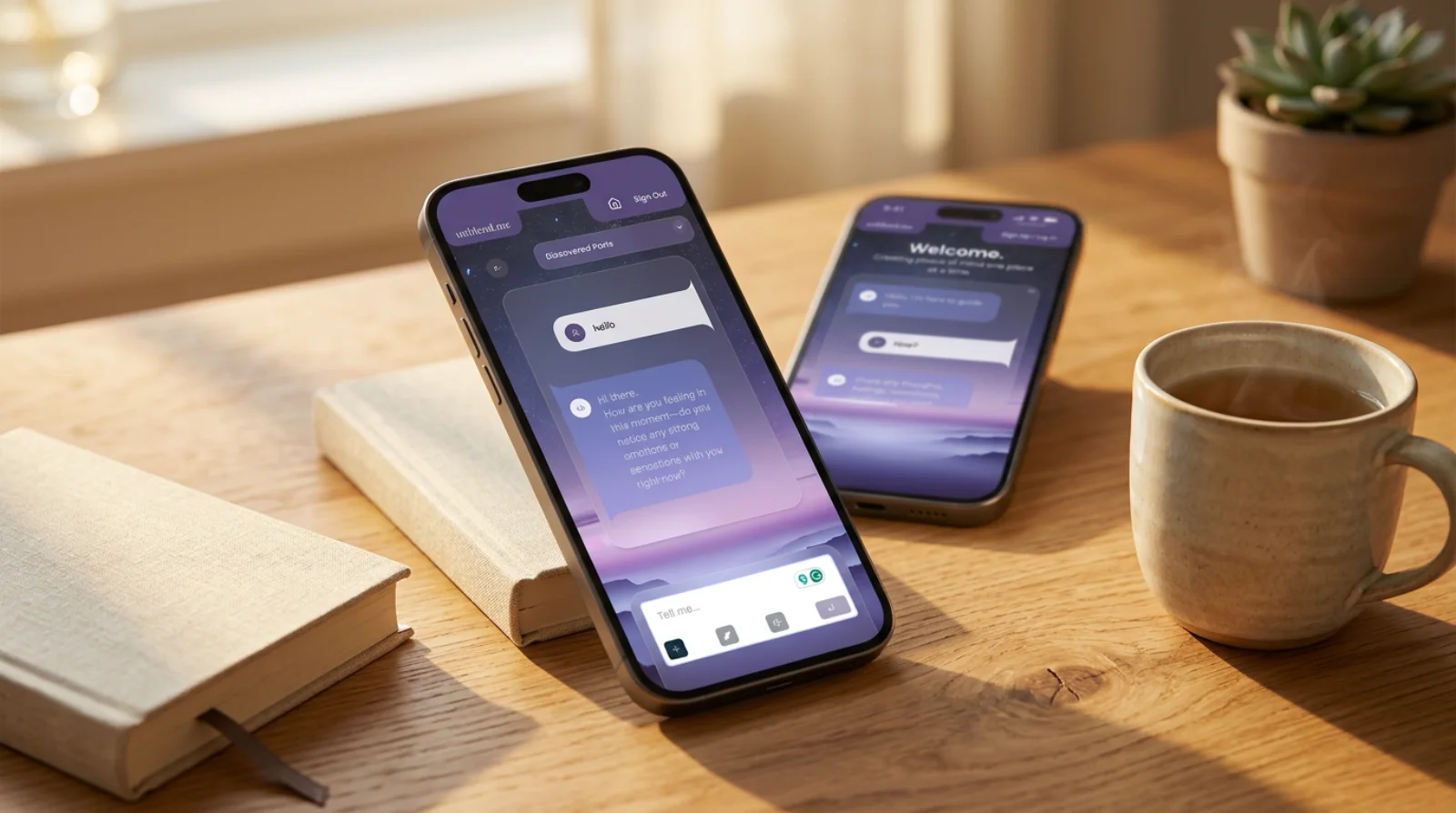 Unblend mental wellness app on iPhone showing the Discovered Parts chat on a cosmic-purple starry background, resting on a warm oak desk beside a ceramic mug of tea and a linen-bound book in soft morning light