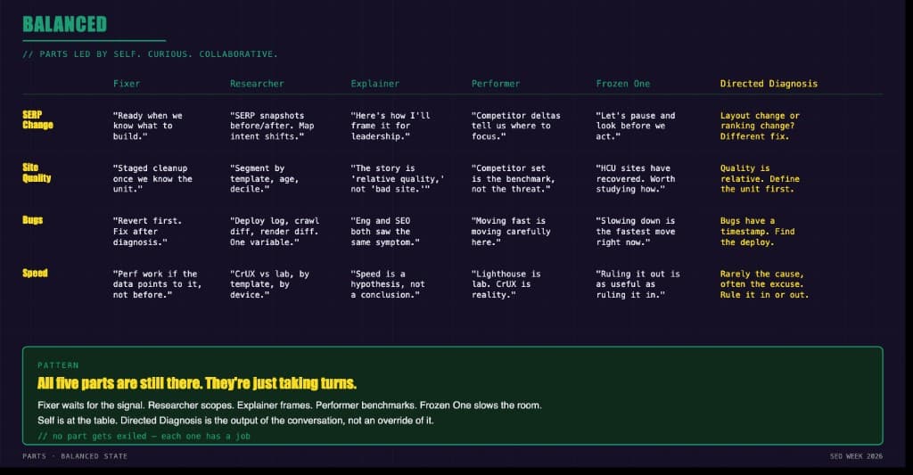 Balanced SEO diagnosis matrix showing parts led by Self during a Google drop