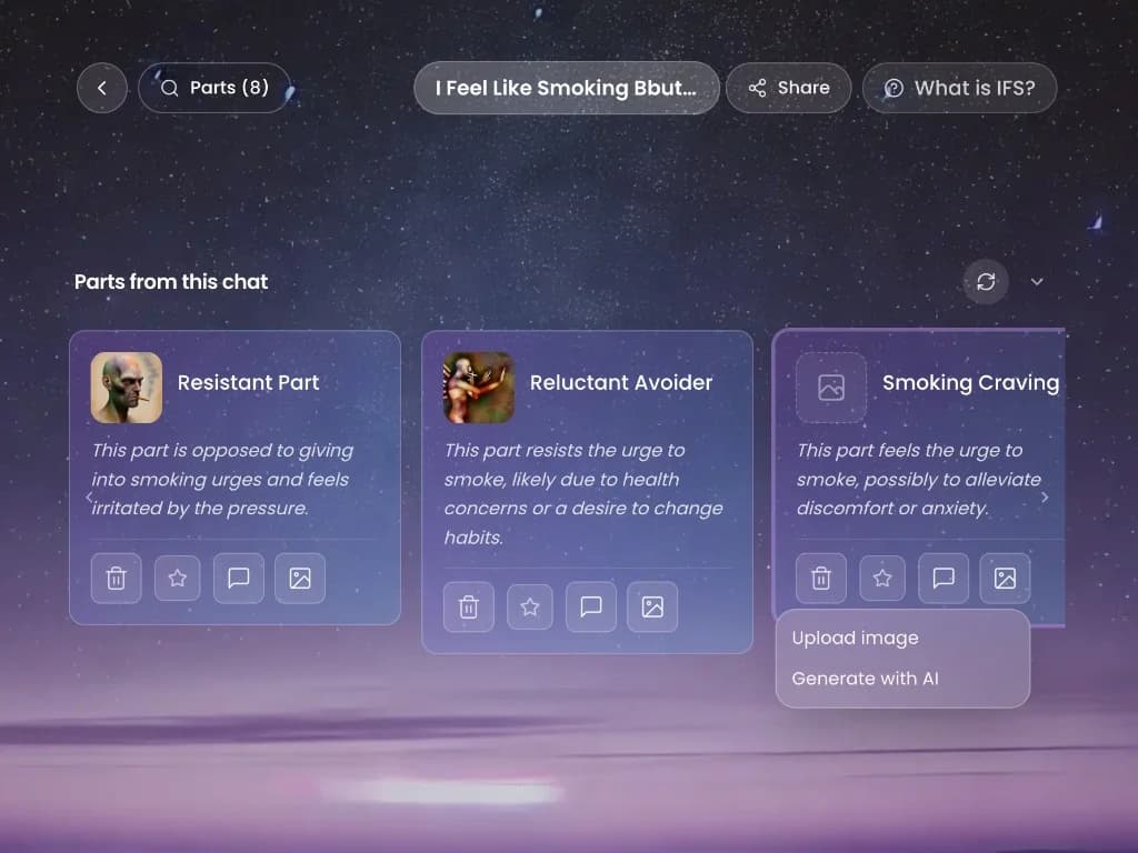 Unblend Parts Cards interface showing parts discovered from a conversation on a cosmic-purple background