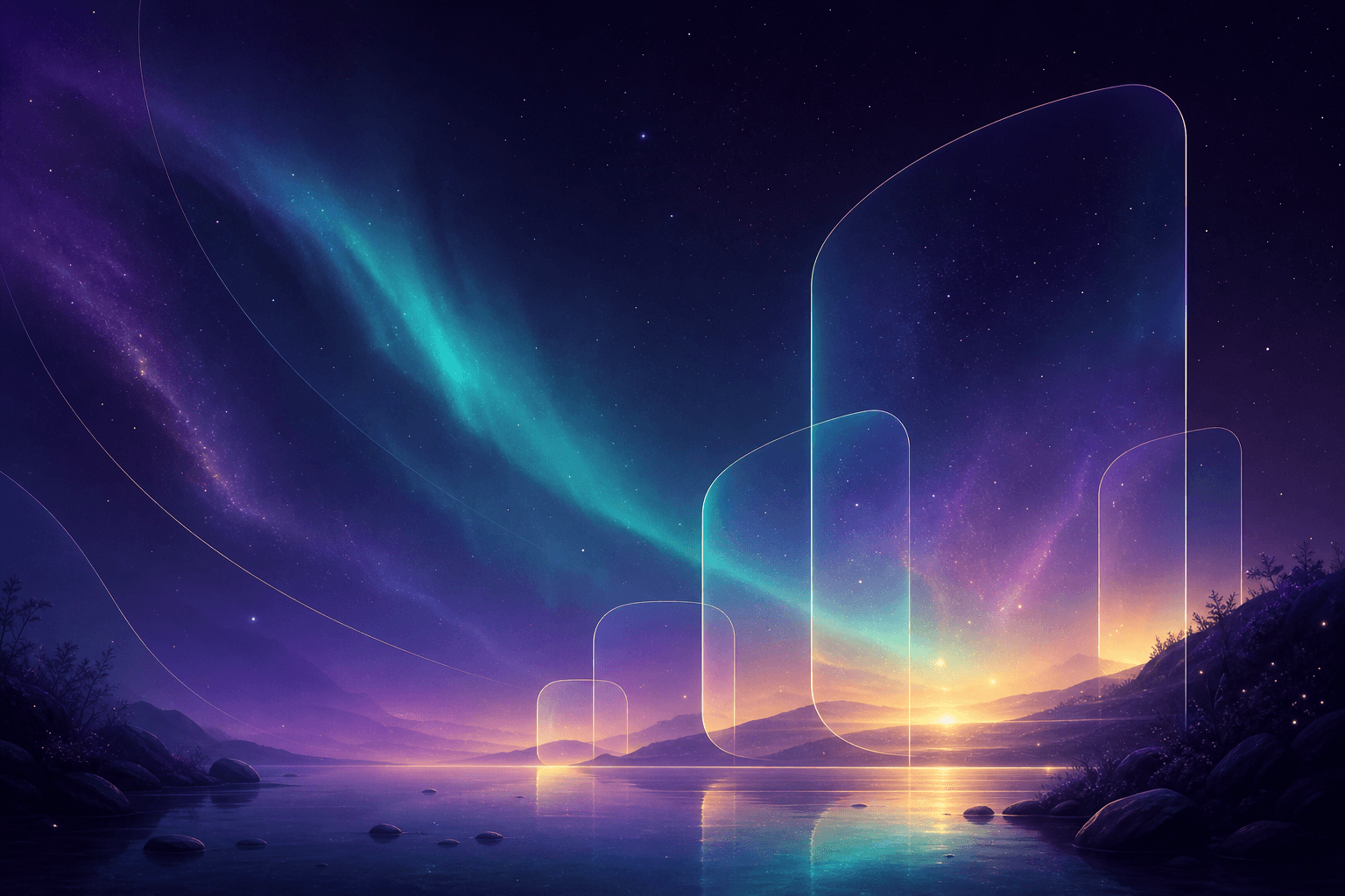 Wide abstract illustration of a calm, private digital space between therapy sessions, in Unblend deep purple, teal glow, and soft amber light